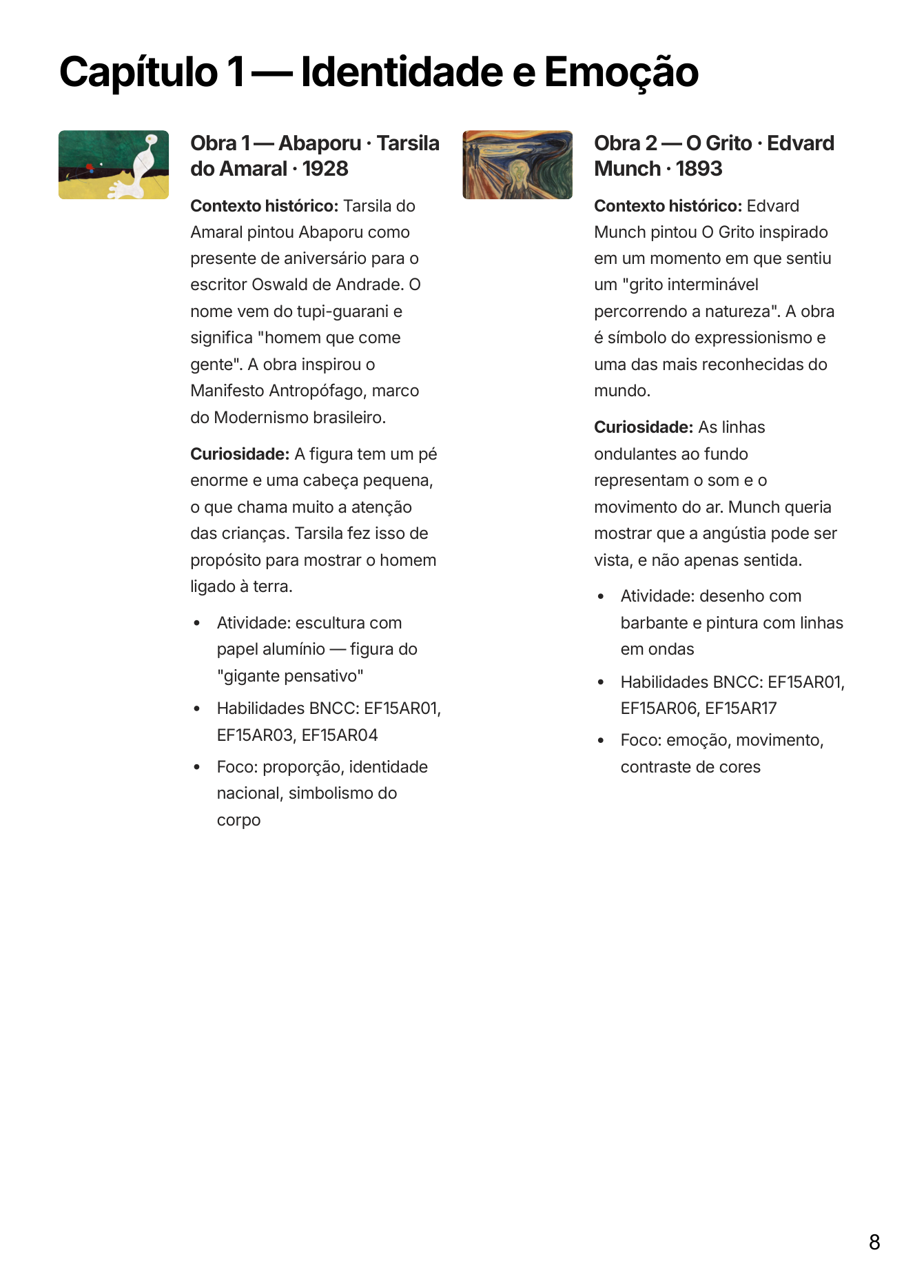 Página de plano de aula com atividades, Coleção Mestres da Arte