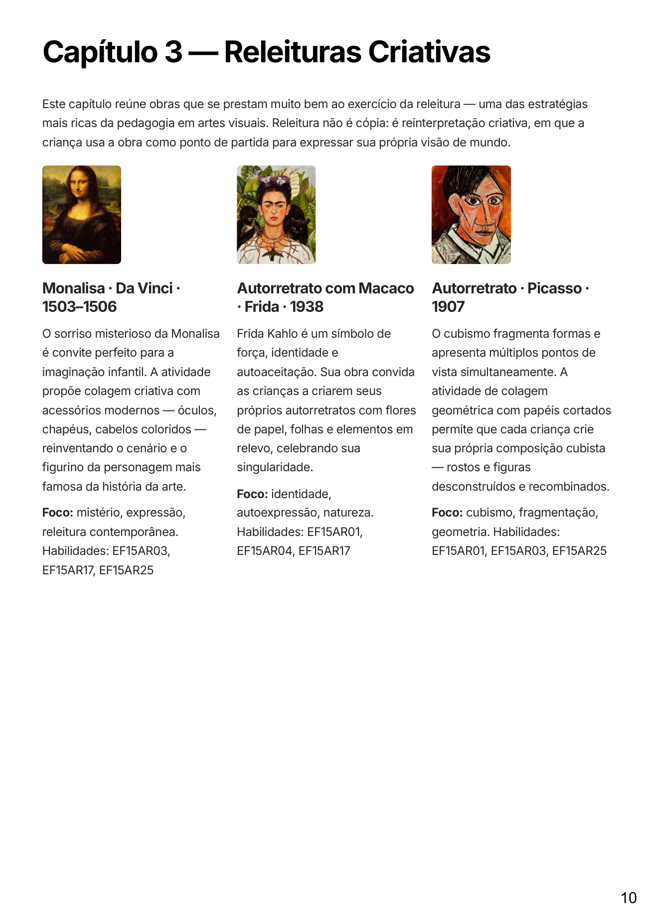 Página de plano de aula com atividades, Coleção Mestres da Arte