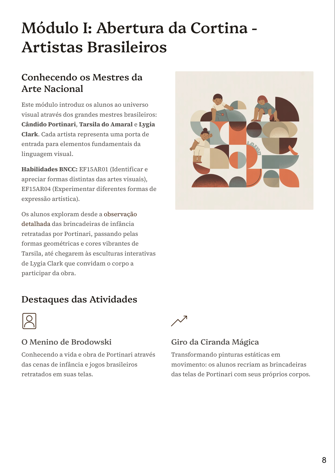 Página de plano de aula com atividades, Coleção Mestres da Arte