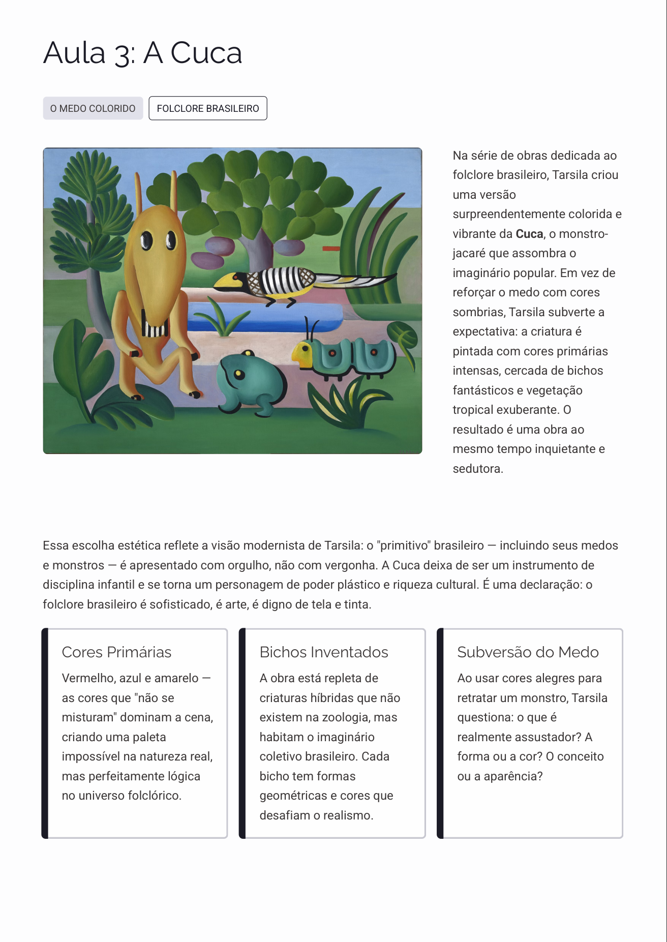 Página de plano de aula com atividades, Coleção Mestres da Arte