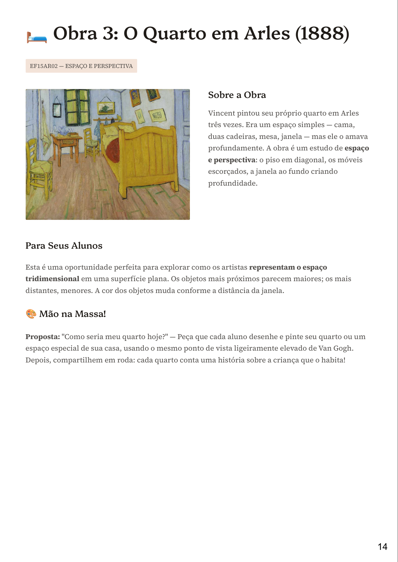 Página de plano de aula com atividades, Coleção Mestres da Arte